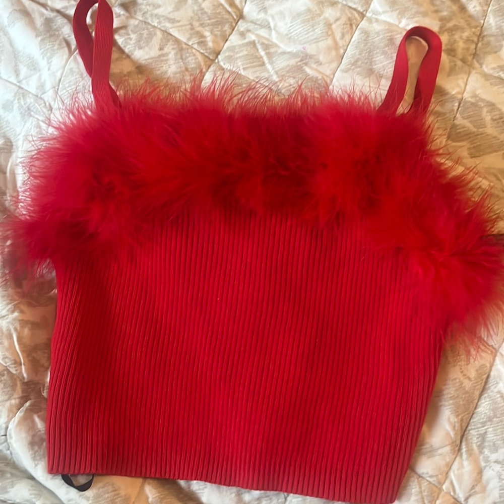 papaya small red tank top with red fluff trim